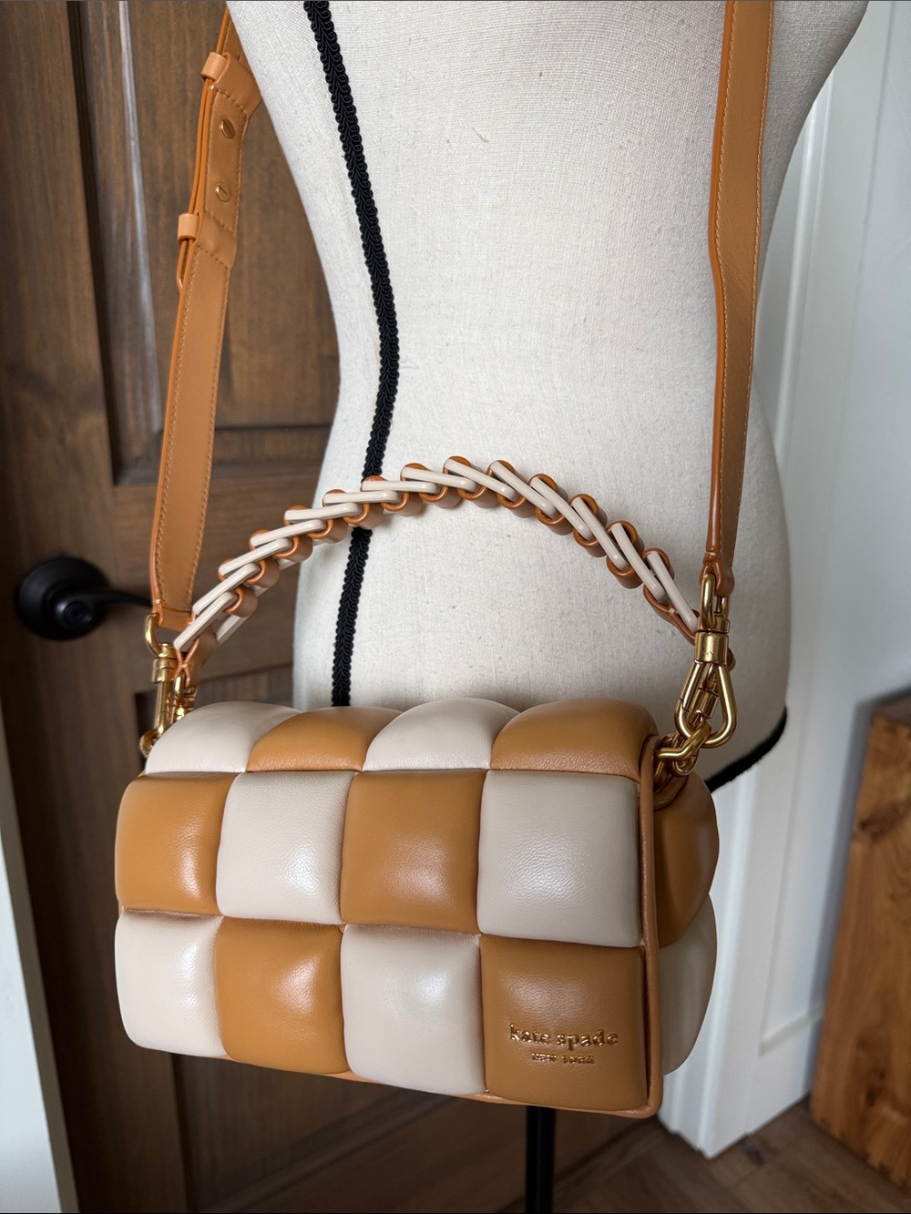 kate spade Tan and Cream Woven-Detail Quilted Shoulder Bag